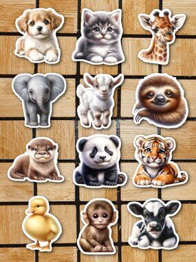 Baby Animal Sticker Pack of 12 Vinyl Stickers Waterproof Die Cut Sticker Set
